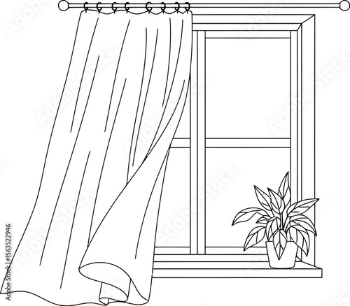 Cozy Home Window with Blowing Curtain and Potted Plant Line Art Illustration