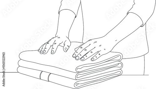 Hands Folding Clean Laundry - Simple Line Art Illustration
