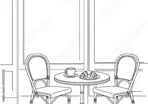 Elegant Cafe Breakfast Table Line Art Illustration with Croissant and Coffee