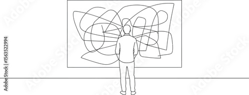 Man Viewing Abstract Art in Gallery - Minimalist Line Art Vector Illustration
