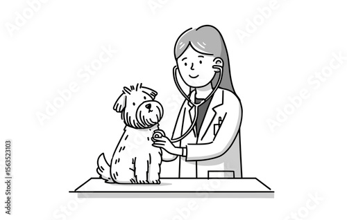 vector doctor treats dog black lines on white background .Generative AI