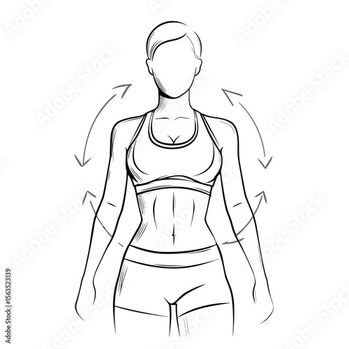 vector girl takes measurements of her figure with black lines on white background .Generative AI