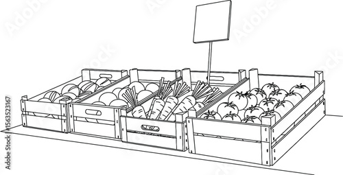 Line Art Vector Illustration of Supermarket Produce Display in Wooden Crates with Blank Sign