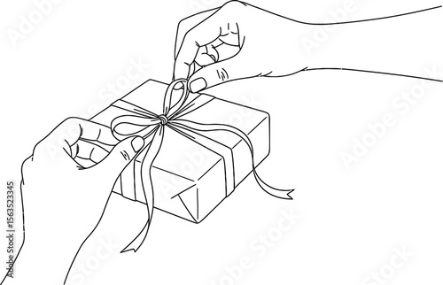 Hands Tying Bow on Gift Box Line Art Illustration