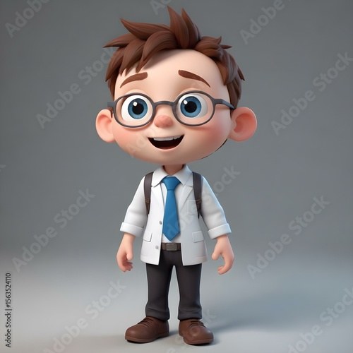 A 3D cartoon scientist with glasses, white lab coat, and blue tie stands confidently against a plain backdrop, combining charm with professionalism.