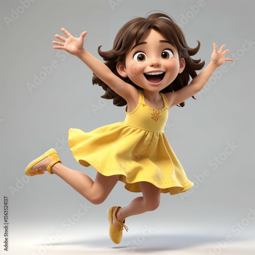Cartoon girl in a bright yellow dress and matching shoes poses mid-jump, arms joyfully raised and one leg bent, set against a clean, light backdrop.