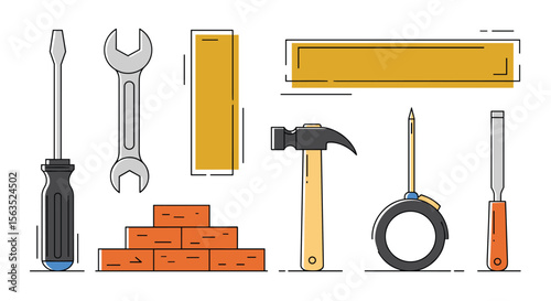 Essential hand tools and building materials for construction and repair projects