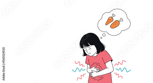 Young girl experiencing stomach pain and hunger while thinking of food