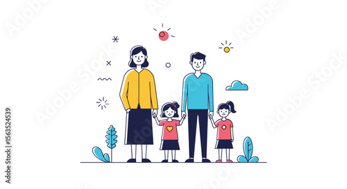 Happy family together outdoors with sunny sky and green plants a cheerful illustration of parental love and childhood joy