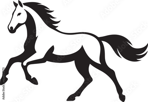 Black and white silhouette of a running horse, Elegant galloping horse in profile view