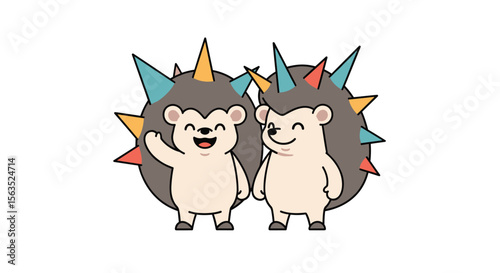 Friendly porcupine pals sharing good vibes with colorful quills and happy smiles