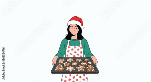 Young woman wearing a santa hat and apron holding a baking tray with festive christmas cookies
