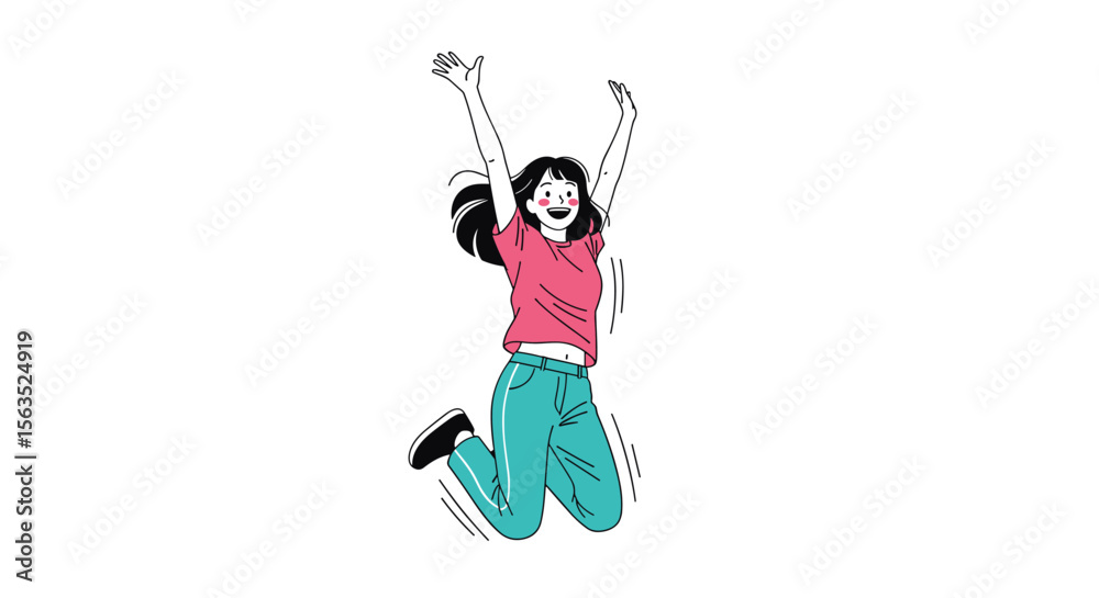 Obraz premium Joyful young woman leaping high in the air expressing pure excitement and enthusiasm with open arms and a wide smile