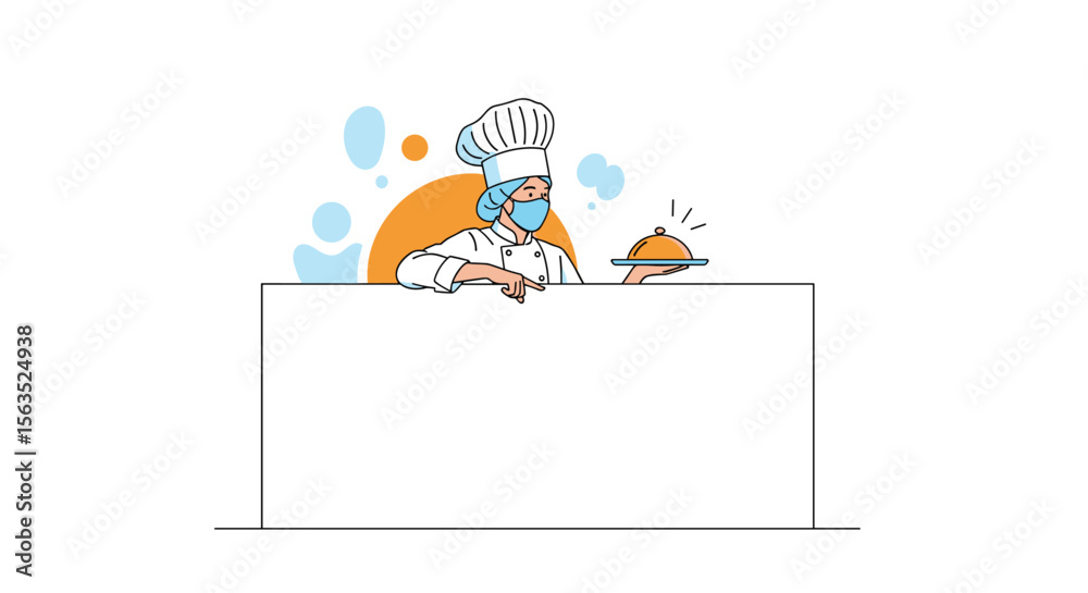 Obraz premium Skilled chef presents delicious food dish with protective face mask and catering cover ready for service