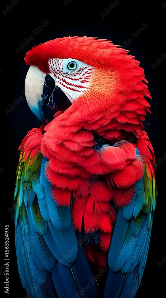 Naklejka premium Vibrant Scarlet Macaw Parrot Portrait Stunning Red and Blue Feathers Close Up Exotic Bird