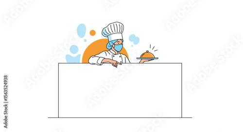 Skilled chef presents delicious food dish with protective face mask and catering cover ready for service