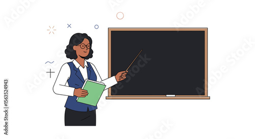 An animated woman explaining concepts at a blackboard with mathematical symbols floating around her