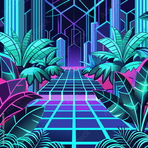 Cyber Jungle Illustration – Futuristic Tropical Plants with Neon Glow and Digital Circuit Veins