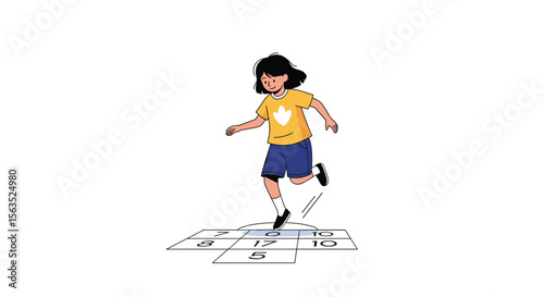 A young girl in a yellow shirt and blue shorts plays hopscotch on a sunny day enjoying outdoor childhood fun
