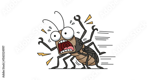 Cartoon illustration of a terrified cricket with wide eyes and an open mouth expressing extreme fear and panic in a moment of intense distress