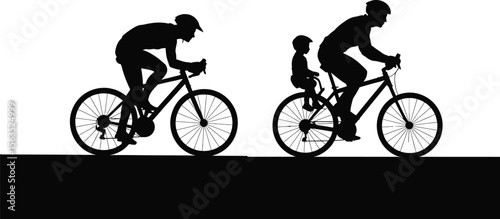 A side view of a cyclist and a father with a child in a bike seat, a black and white silhouette vector illustration on the ground.