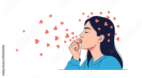 Young woman blowing kisses surrounded by floating hearts representing love affection and romance