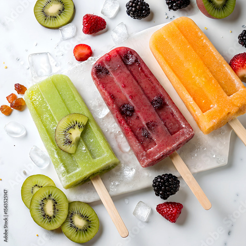 Colorful assorted fruit popsicles with fresh berries and kiwi, refreshing summer treat.