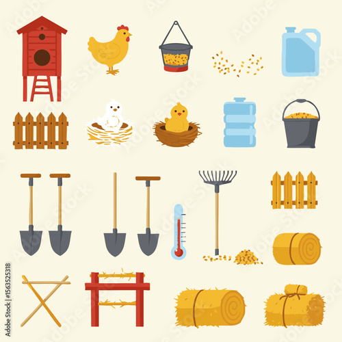 Flat Vector Icon Set of Backyard Chicken Keeping Gear in Warm Colors
