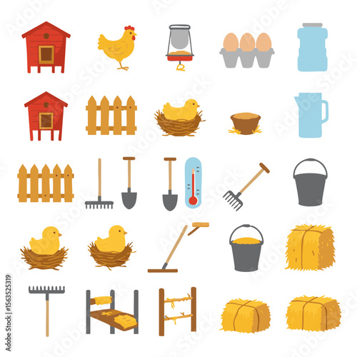 Flat Vector Icon Set of Backyard Chicken Keeping Gear in Warm Colors