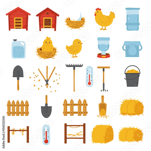 Flat Vector Icon Set of Backyard Chicken Keeping Gear in Warm Colors