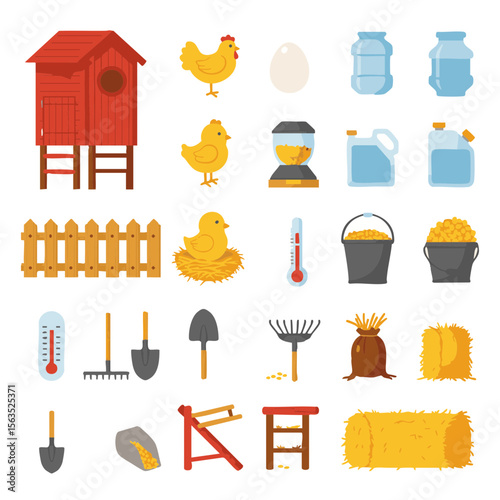 Flat Vector Icon Set of Backyard Chicken Keeping Gear in Warm Colors
