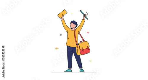 Excited person celebrating with mail and device triumphantly holding up both items