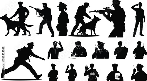 A large collection of police officer silhouette vector graphics showing cops in various poses, with a dog, gun, and on duty.