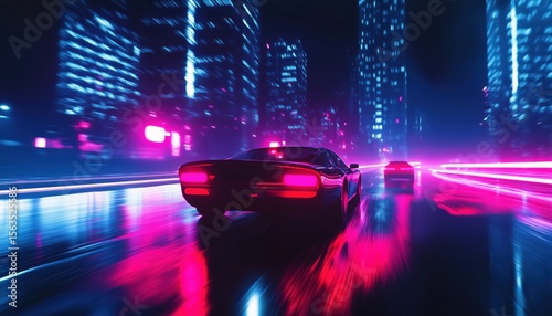 Night City Car Speed Drive With Retro Wave Neon Noir Lights Toning On The Road. A Thrilling Nocturnal Experience.