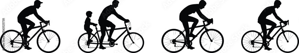 Naklejka premium A collection of four different cyclist silhouette vector icons showing a man riding a bicycle alone and with a child in a seat.