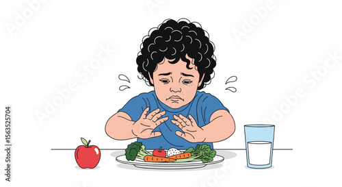 Picky eater child refusing to eat healthy vegetables and fruits showing disgust and fear