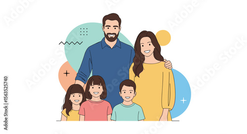 Happy diverse family poses together with colorful abstract shapes background enjoying quality time together