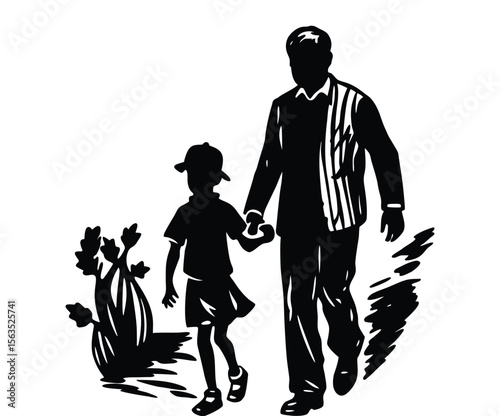 Dad Holding Daughter’s Hand  Fatherhood Silhouette Vector for Family Love Concepts.