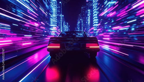 Night City Drive: Retro Wave Neon Noir Lights Toning With Car Speed On The Road. Aesthetic Blend Of Neon Lights In Vintage Style.