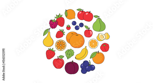 A colorful arrangement of fresh fruits in a circular pattern healthy eating and nutrition