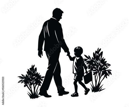 Dad Holding Daughter’s Hand  Fatherhood Silhouette Vector for Family Love Concepts.