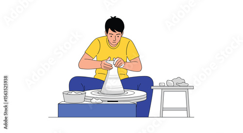 An artist crafts pottery on a spinning wheel with focused concentration