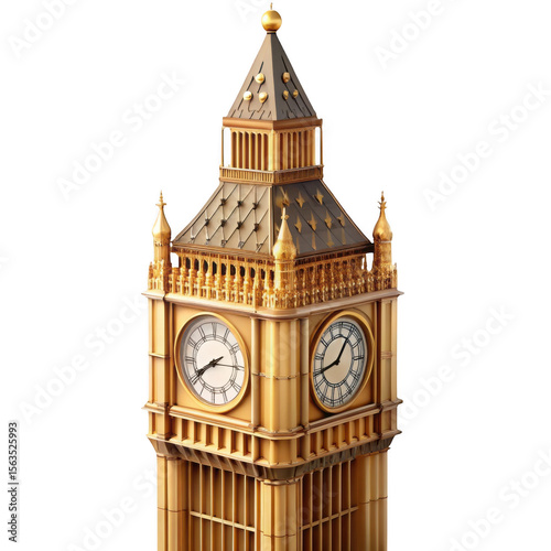 Detailed golden clock tower with roman numerals isolated on transparent background