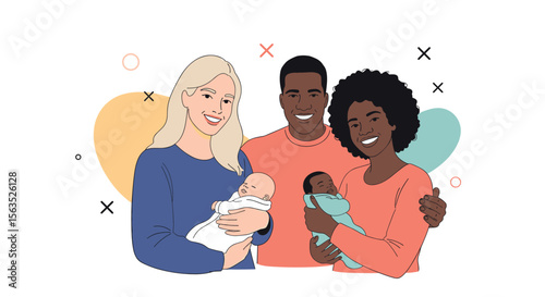 Diverse families welcoming new life and love with tiny newborns celebrating joyful beginnings
