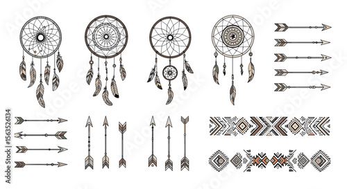 Tribal ethnic boho chic bohemian dreamcatchers arrows and borders vector illustration hand drawn elements for design