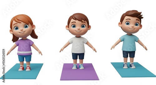 Three cartoon kids stand on yoga mats in sporty outfits—purple, white, and teal tops with matching shoes—ready for a fun and energetic session.