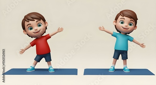 Two cartoon kids stand on yoga mats performing mirrored side stretches—one in a red shirt with left arm raised, the other in a blue shirt with right arm raised—showing balance and motion in a fun, fit