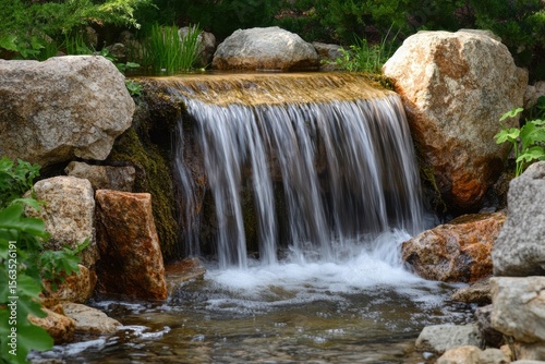 Serene Waterfall Cascading Over Rocks in a Tranquil Garden Setting