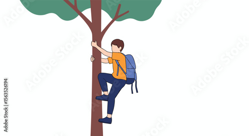 Young adventurer with backpack ascends a tree trunk outdoors on a clear day seeking new heights and exploration