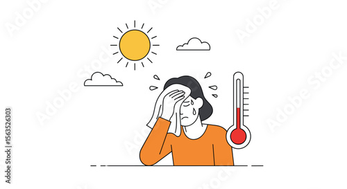 Overheating person sweating profusely under blazing sun while thermometer shows high temperature